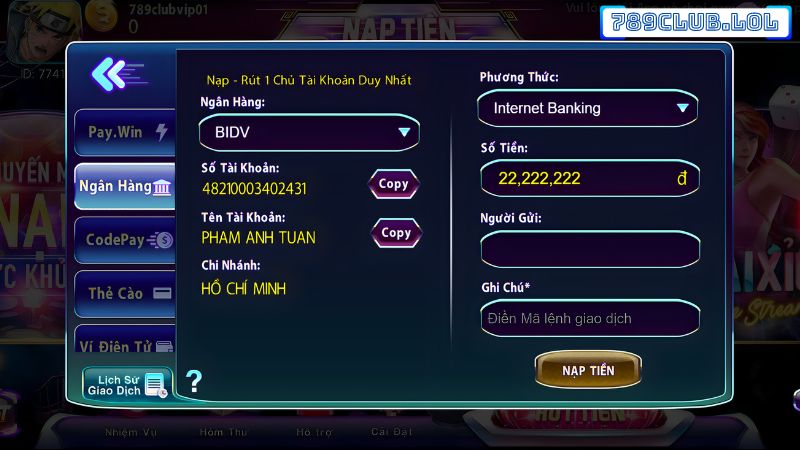 Nạp tiền 789Club qua ngân hàng
