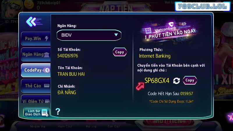 Nạp tiền 789Club qua CodePay