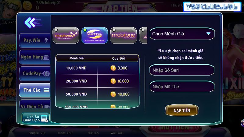 Nạp tiền 789Club qua thẻ cào