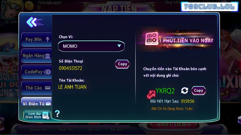 Nạp tiền 789Club qua ví điện tử